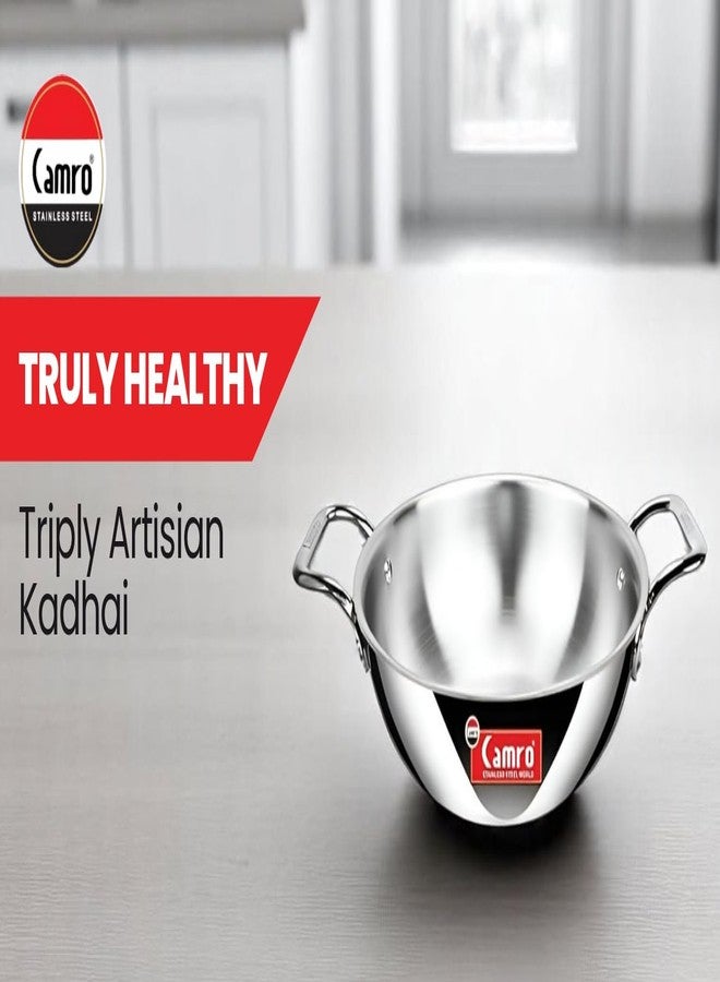 Camro Triply Artisian Kadhai 1 Liters 18 Cm | kadhai Steel Stainless | Kadhai For Deep Frying | Kadhai Induction Base | Kadai For Cooking Stainless Steel | Induction Friendly Dishwasher Safe - Image 2